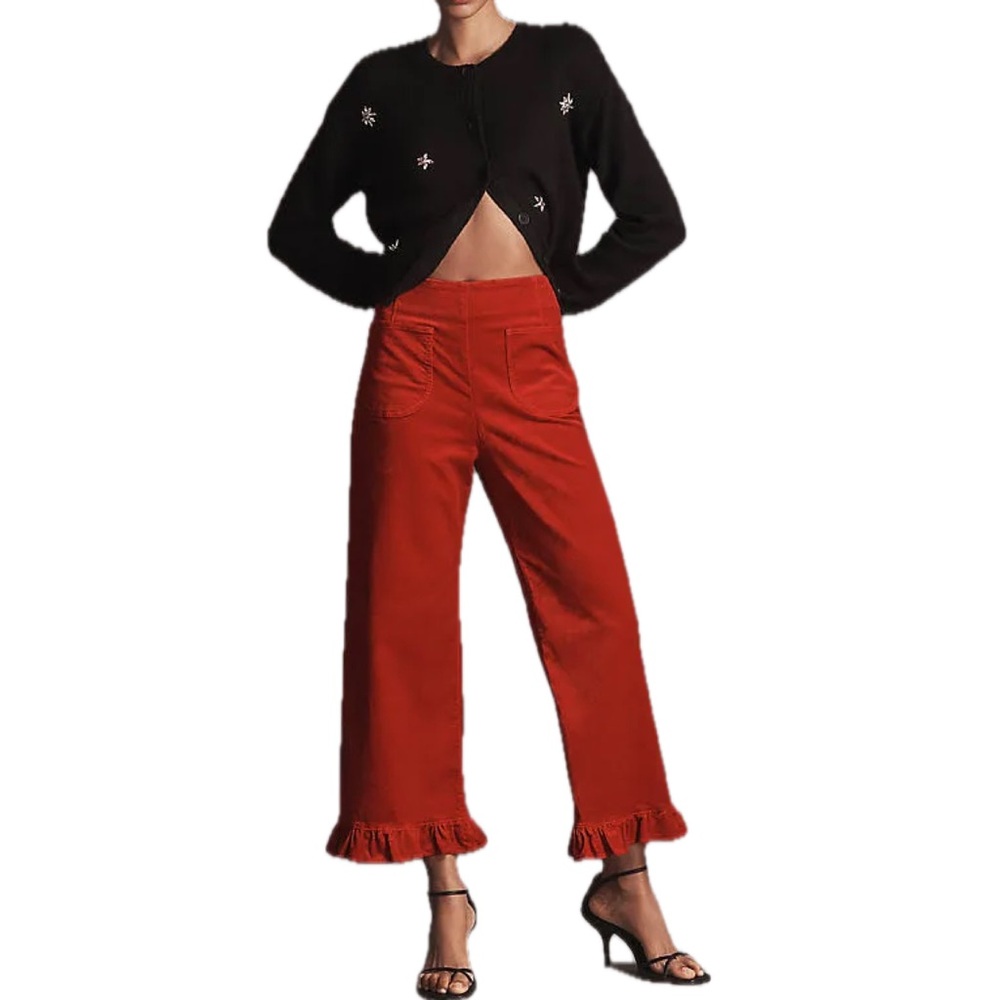 The Colette Crop Velvet Ruffle Hem Pants by Maeve in Red 29 Tall